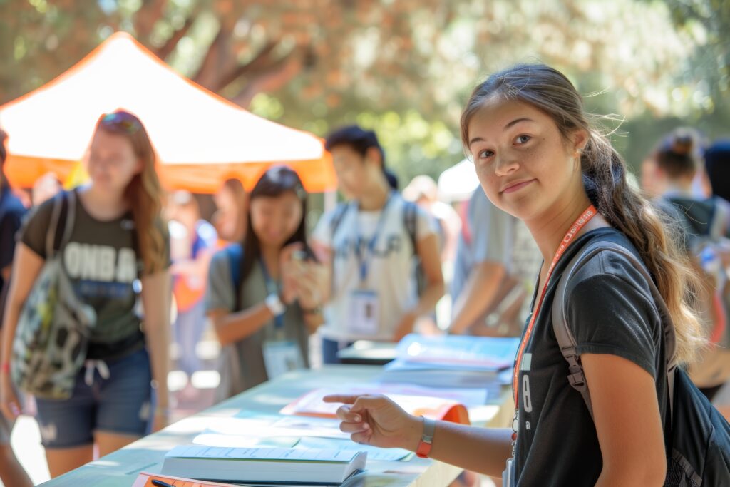 Freshmen students at a university campus club fair engage with various booths to discover and sign up for clubs and organizations. the bustling event fosters connection and involvement in extracurricular activities for new students.