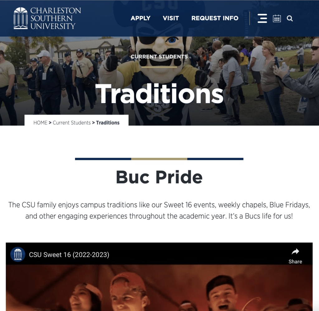 Research your own school's traditions and become a part of them. Charleston Southern University has traditions like Caroling on the Round, Homecoming, and Spring Formal.