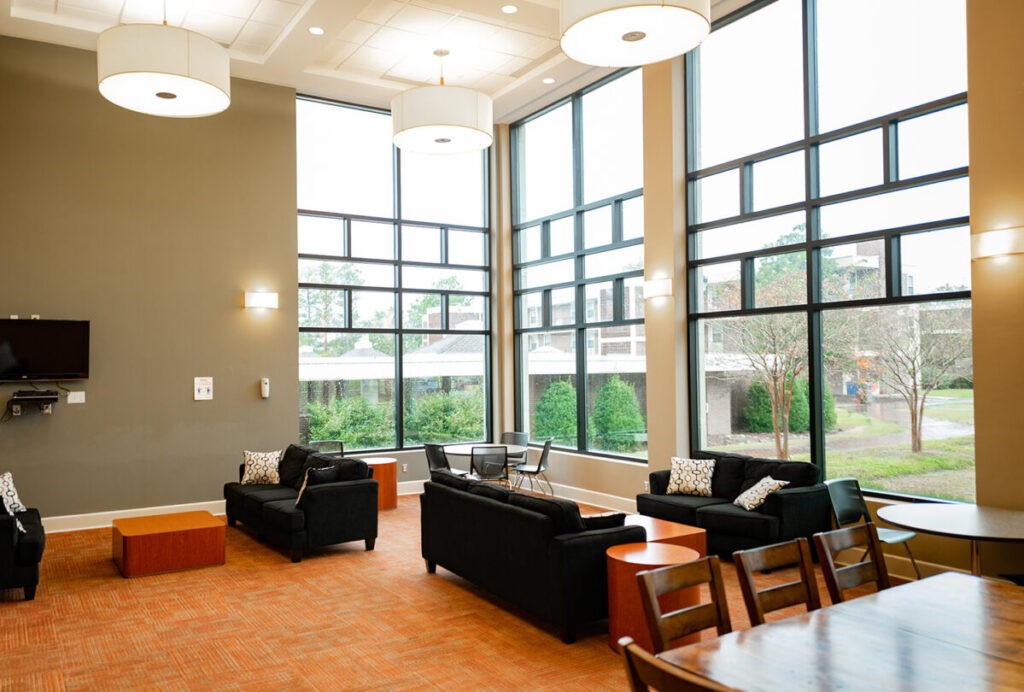 Study in the common areas. Here is a common area at Pat Barker Hall at Campbell University.